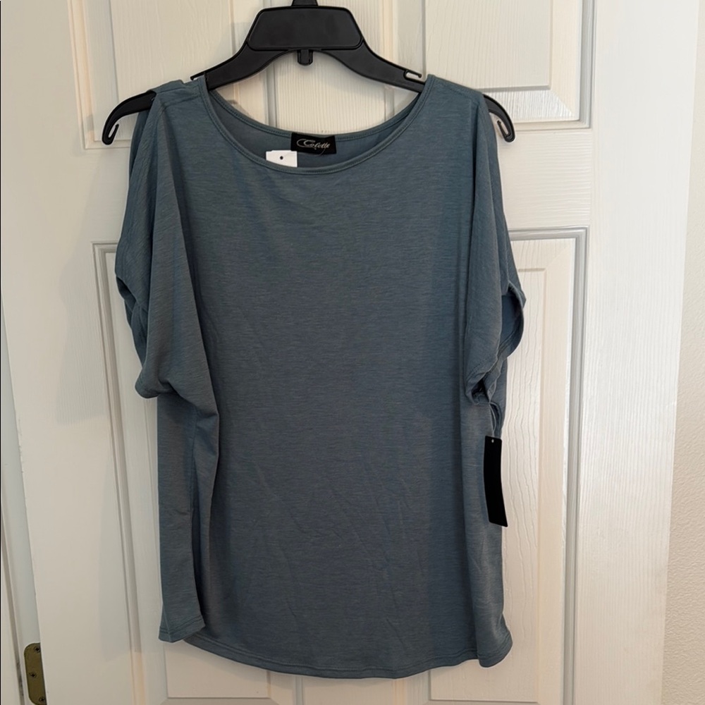 Colette Gray and Blue Sleeveless Muscle Tee with Cut Out Design